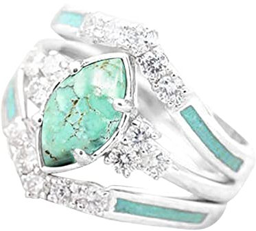 GAUEIOUR Natural Turquoise Diamond Ring Set - Fashion Retro Three Piece Set, Elegant Vintage Size 7 Ring (Silver)