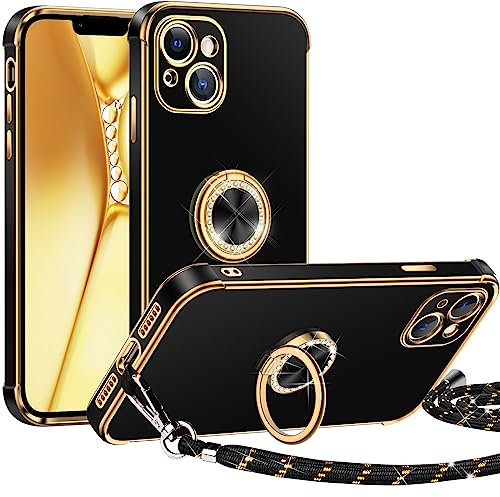 Silverback für iPhone 13 Hülle mit Band, [Miss Arts] Ring Ständer Handyhülle Handykette Frauen Mädchen Dünn Stoßfeste Schutzhülle für iPhone 13 Case Schwarz