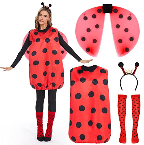 FORMIZON Marienkäfer Kostüm, Ladybug kostüm, Rot Marienkäferkostüm mit Flügeln, Beinärmel und Haarreif, Ladybug Party Outfit für Erwachsene