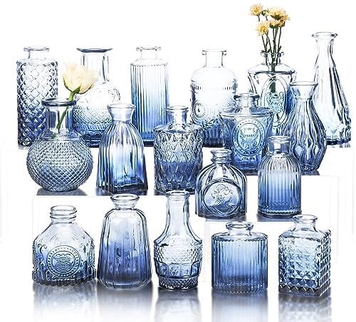 Fixwal Lot de 18 vases à bourgeons Bleus Vintage en Verre Transparent pour centres de Table, décoration de Table Rustique, décorations de Mariage