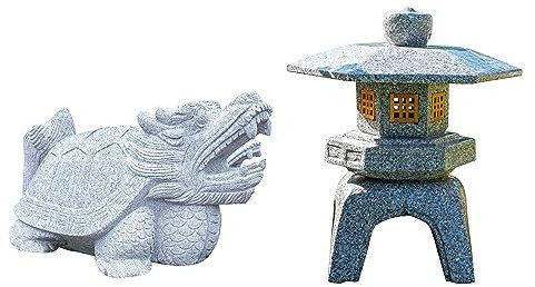 IDYL 2er Set | Granit-Stein Tierfigur Drachenschildkröte 100cm + Granit-Stein Laterne Kadai Yukimi mit Holz-Fenster | Frostfest | Höhe 70 cm | Grau | Handarbeit | Asiatische Dekoration für Garten