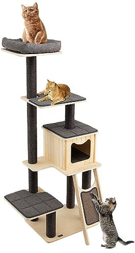 COSTWAY Arbre à Chat de 175 CM en Bois Naturel, Centre d'Activités pour Chat avec Griffoir et Poteaux en Sisal, Tour à Chat avec Condo Confortable et Perchoir Peluché, Charge 15 KG Chaque Couche, Gris