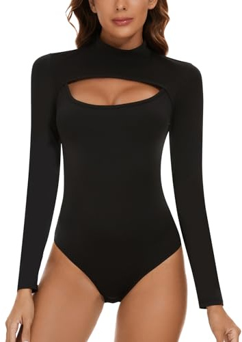 SLIMBELLE Dambody hög krage body damer långärmad bröst ihålig sexig elegant bodysuit toppar onepiece långärmad bodys, svart, S