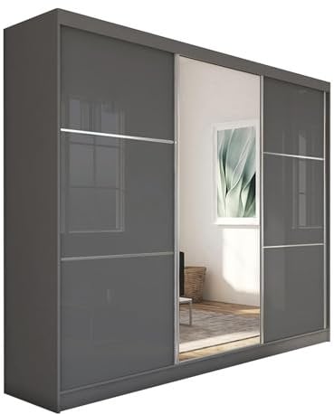 Mars Meble Viva Kleiderschrank mit Hochglanz Schiebetür Garderobenschrank Schrank mit Schiebetüren Kleiderstangen Garderobe mit Spiegel, Farbe: Graphit, Breite: 240 cm