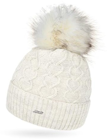 Neverless® Damen Strick-Mütze Fell-Bommel Kunstfell Bommelmütze Fleece-Futter Herz-Strickmuster Umschlag Creme Unisize