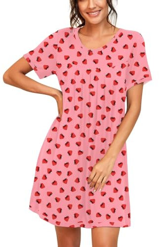 PrinStory Chemises De Nuit D'Été pour Dames Chemise De Nuit À Col Rond Et À Manches Courtes pour Femmes (Rose Fraise, L)