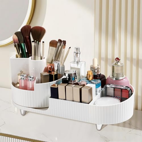 Wlicon 360 Rotating Makeup Organizer Cosmetic Organizer, Cosmetic Display Case Round Vanity Makeup Organizer Cosmetic Storage Display box for Skincare, Brushes, Eyeshadow, Lipstick(White)