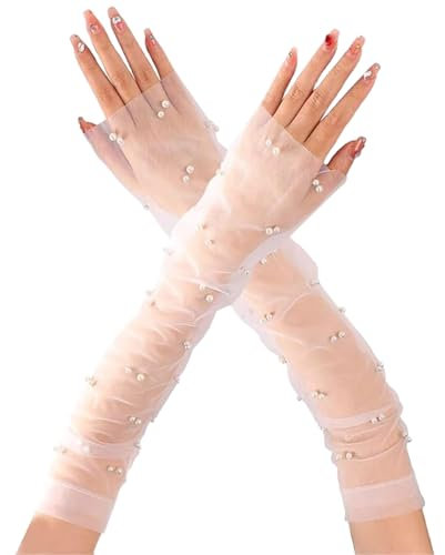 Lace Gloves for Women, Pearl Ladies Long Gloves UV Protection Lace Arm Sleeves Summer Driving Gloves for Halloween Wedding Prom Opera Tea Party