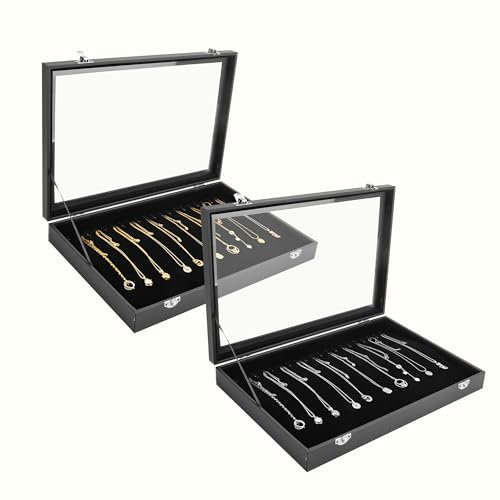 YKUKIZEE 2 Pack Necklace Box with Clear Lid, Velvet Necklace Organiser Box with 20 Hooks, Lockable Black Necklace Display Storage Box Dustproof for Jewellery
