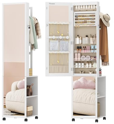Hzuaneri Schmuckschrank, Spiegelschrank, stehender Schmuck-Organizer mit 1 Kleiderständer, 3-stufige Ablageflächen mit 4 Kleiderhaken, Weiß und Beige JC17003BE