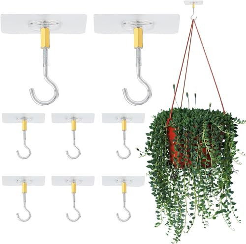 Foyods 8 ganchos de techo para colgar plantas, ganchos de techo autoadhesivos sin taladrar, ganchos transparentes de PVC para plantas de techo con ganchos de acero inoxidable para plantas (soporta 12