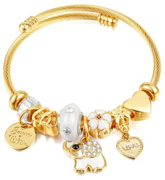 ATE Bracelet à Charms en Acier Inoxydable Plaqué Or Bracelet Ouvert avec Perles et Charms Style Vif B212-5 (Éléphant)
