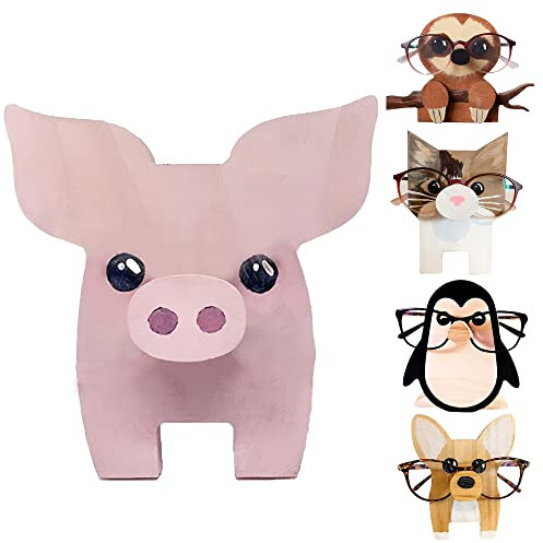 Crevyteg Brillenhalter-Ständer, niedlicher Tier-Sonnenbrillen-Präsentationsständer aus Holz, lustiger Brillenständer für Schlafzimmer, Büro, Schreibtisch – Schweinchen