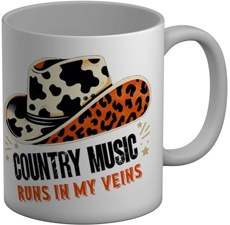 Shopagift Country Music Mug Runs in My Veins Cowboy Hat White 11oz Large Ceramic Cup