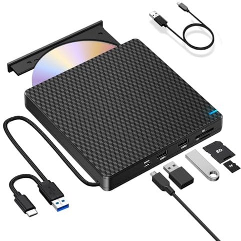 NOLYTH Externes CD Laufwerk für Laptop: USB-C Slim DVD Brenner Extern mit SD/TF Slot/2 USB Ports - Tragbar Plug & Play für PC Windows 11/10 Mac MacBook