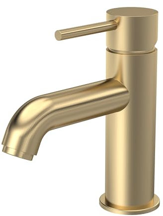 Balterly Bathroom Sink Taps, Mono Basin Mixer Tap with Pop Up Waste, Single Lever Temperature Control Bathroom Tap, Round Body, Rounded Curve Down Spout Basin Taps - 52 x 159 x 166mm (Brushed Brass)
