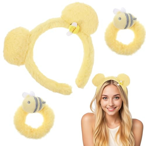 Ptwola 3 Stück Gelbes Bärenohren Stirnband Niedliche Party Kopfbedeckung Stirnband Haargummis Halloween-Festival Cosplay-Party Kostüm-Zubehör-Set für Make-up und Gesichtswäsche