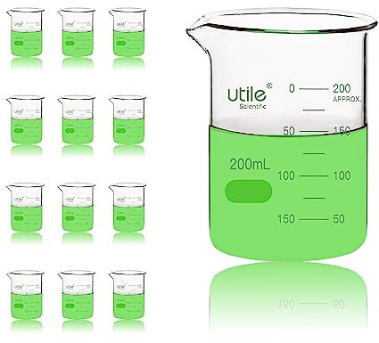Utile 12 Pcs Glass Beaker Set, Vol.200ml Beakers, Glass Beaker with Double Scale Printed Graduation, 4000.0200.12-X