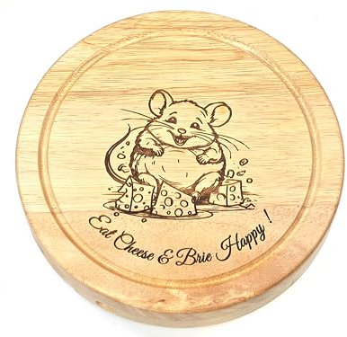 Cathcart Elliot Eat Cheese Brie Happy Cheeseboard, Wire Cutter Tongs, 19cm Round, Wood, Personalised Engraving Mouse Theme Cheeseboard