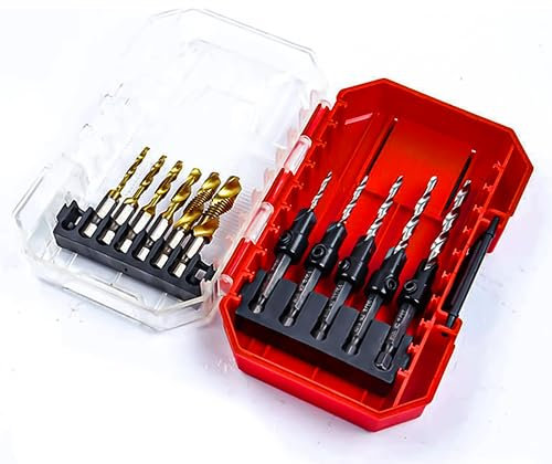 Lot de 12 forets avec jeu de fraises : taraud Countersink Drill - Perçage précis - Boîte de rangement - Avec butée de profondeur - Pour le travail du bois, l'armoire en plastique et la construction de