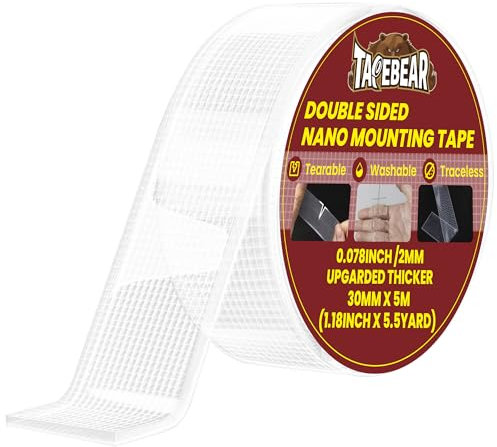TAPEBEAR Nastro Biadesivo Nano, 30mm x 5m, Rimovibile Senza Tracce per Appendere Poster e Tappeti