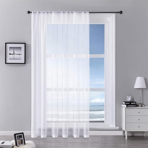 MRTREES Vorhänge Weiss 160x200cm (HXB) für Stangendurchzug Kurz Vorhang Weiß Transparent Extra Breite Gardine landhausstil für Wohnzimmer Schlafzimmer und Küchen, 1er Set