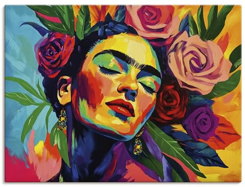 ARTLAND Wanddeko Leinwand Bilder Wandbild 120x90 cm Feminismus Porträt Frau Blumen abstrakt bunt Frida Kahlo Floral U5MT