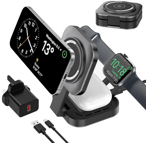 3 in 1 Wireless Charging Station for Apple Devices, Foldable Wireless Charger Stand for Magsafe for iPhone 17/Air/16/15/14/13/12 Series, Apple Watch Series, AirPods pro/2/3/4(Adapter Included) (Grey)