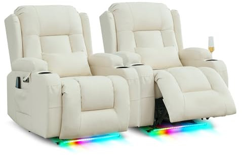 SITURAY Relaxsessel Fernsehsessel Elektrisch Verstellbar Massagesessel mit Liegefunktion Fußteil, Kunstleder TV Sessel mit Wärmefunktion, Kinosessel mit LED/USB für Wohnzimmer, bis 150 kg (2, Beige)