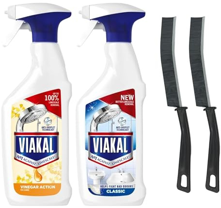 Limescale Remover Bathroom Descaler Spray Bundle – 2 x 500ml Powerful Hard Water Stain & Calcium Cleaner for Shower, Tiles, Taps & Glass – Classic & Vinegar Formula with Cleaning Brush Set