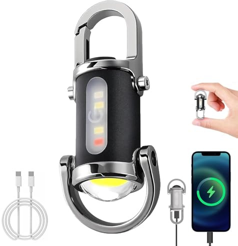 CHENRI Portable Rechargeable Bright Keychain Flashlight Phone Charger, EDC Mini Taschenlampen Ladegerät, COB-Schlüsselanhänger-Arbeitsleuchte mit Powerbank & 3 Modi, Wasserdichte für Camping (Silber)