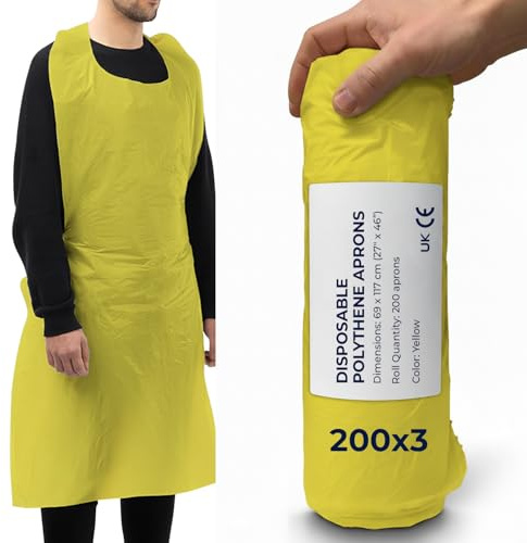 Disposable Aprons Yellow Roll Pack of 600 Waterproof Plastic for Catering | Lightweight polythene, perforated for quick tear-off, tie fastening, one size, colour coded for food prep and clinics