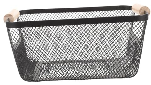 Schwarzer Metallkorb mit Holzgriff, Rechteckiger Drahtkorb | Nordisches Design, Große Kapazität und Angenehmer Griff, Metallkorb Schwarz für Ordentliche Organisation