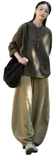CHUIKUAJ Women's Tai Chi Clothes，Chinese Retro Kung Fu Suit, Cotton and Linen, Long Sleeves Top + Pants for Morning Exercise，Meditation (Darkgreen, Onesize)