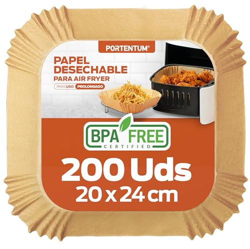 PORTENTUM Backpapier für Heißluftfritteusen, 200 Stück, BPA-frei, 20 × 24 cm, antihaftbeschichtet, wasserdicht und ölbeständig, Einweg-Pergamentliner, quadratisch, passend für Airfryer 4,7–7,3 L