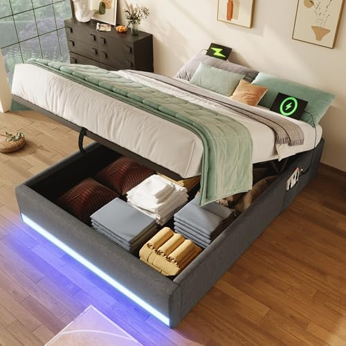 ZIDEY LED Polsterbett 90x200 mit Bettkasten und USB, ohne Kopfteil, Bettrahmen mit Lattenrost, Hydraulisch Einzelbett Stauraumbett, ohne Matratze, Grau