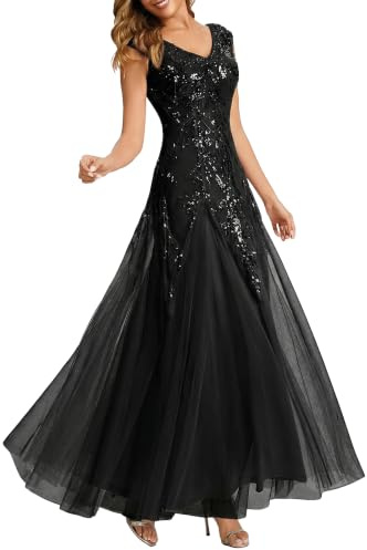 Ever-Pretty Women's Sequin Evening Gown with Cap Sleeve V-Neck Tulle Dress for Formal Wedding Guest Party Dresses