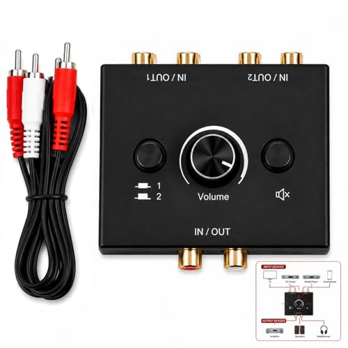 Conmutador Audio RCA, Selector Estéreo 2 en 1, Switch Audio Bidireccional Entrada Estéreo con Control de Volumen, Selector Audio R L Sin Alimentación para PC Altavoces Amplificador Subwoofer