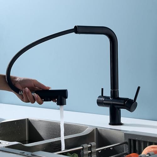 Generisch Rubinetto da Cucina 3 Vie con Doccetta Estraibile Rubinetto per Lavello in Ottone Acqua Calda E Fredda Girevole 3 Vie - Nero