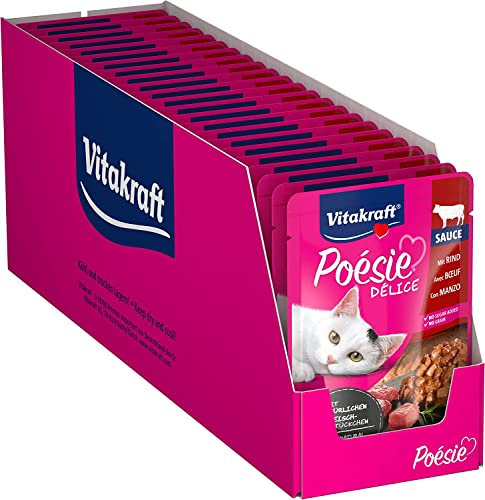 Vitakraft Poésie Délice, Nassfutter Katze, Katzennassfutter in Sauce, mit Rind, Vorratspackung, ohne Zusatz von Zucker und Getreide (23x 85g)