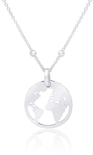 WANDA PLATA Kette Weltkugel für Damen Junges Mädchen aus Echt Silber 925, Schmuck Weltkugel Wanderlust, Anhänger Weltkarte, Halsband Globus World Welt Kontinente Länder