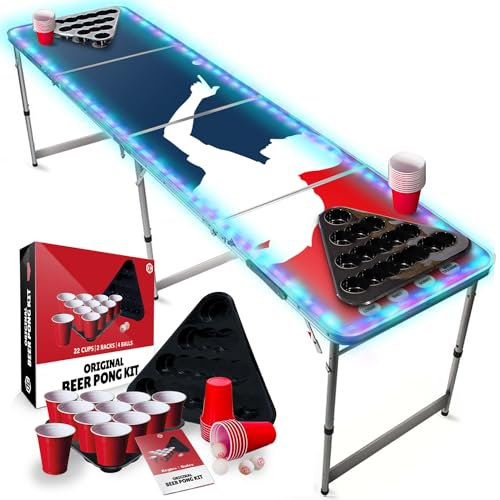 Beer Pong® - Table Lumineuse avec LEDs Multicolores + 22 Cups + 2 Racks + 4 Balles - Table Pliable et Transportable avec Revêtement Etanche Anti-Rayures - Jeu à Boire Biere Pong