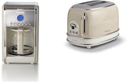Ariete 1342 Machine à Café, 12 Tasses & Ariete Vintage 155 Grille-Pain design 2 Tranches avec Pince, 6 Niveaux de Grillage, 810 W, Plateau de Collecte des Miettes Extractible, Beige Pastel