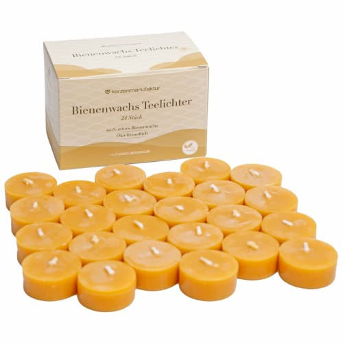 Kerzenmanufaktur reine Bienenwachs Teelichter (24 Stück) Plastikfrei nachhaltige Teelichter ohne Hülle handgemacht Made in Germany