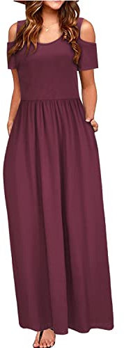 STYLEWORD Sommerkleid Damen Lang Maxikleid Sommer Rot Elegant Freizeitkleid Kurzarm Kleider mit Taschen