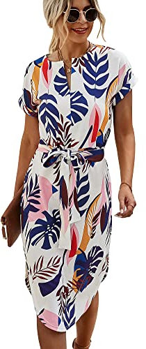 Ajpguot Sommerkleid Damen Elegant Kleider Kurzarm V-Ausschnitt Strandkleid Blumen Knielang Kleid mit Gürtel Partykleid Abendkleid (Weiß-blau, S)