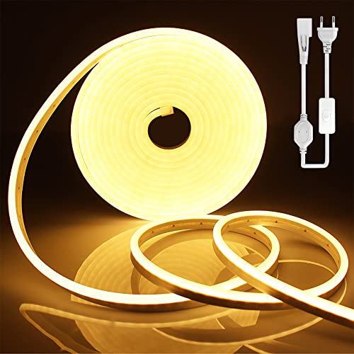 SPAHER Led Strip 10m Led Strip Aussenbereich Gelb Neon LED Streifen Mit Netzteil Und Led Stromschalter 230V Flexibler IP65 Neonlichtstreifen Dekoration für Schlafzimmer Innen und Außenbereich Hotel