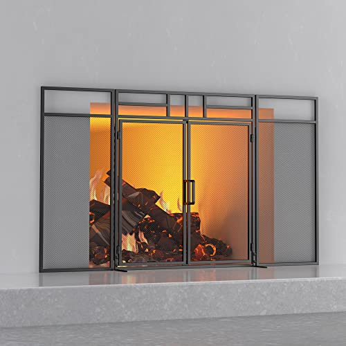 Fire Beauty 3-Panel Folding Fireplace Screen with Magnetic Hinged Doors, Fire Spark Guard with Fireplace Tools Set