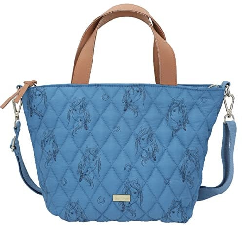 Depesche 12024 Miss Melody Blue Quilt - Mini Shopper mit Pferde-Muster und Steppnaht-Optik, Tasche in Blassblau mit längenverstellbarem Tragegurt