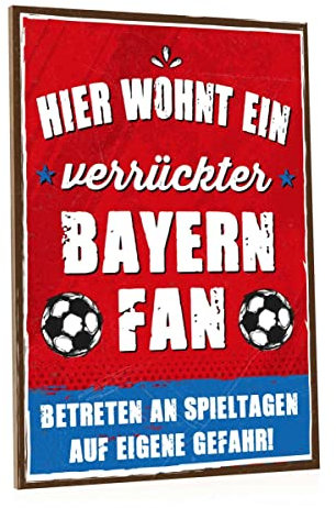 GRAVURZEILE Holzschild - Hier wohnt ein verrückter Fußball Fan - Farbiger Kunstdruck auf Holz für Fussball Fans - Wand Dekoration im Vintage Look - Geschenke für Sie & Ihn - Farbe Bayern